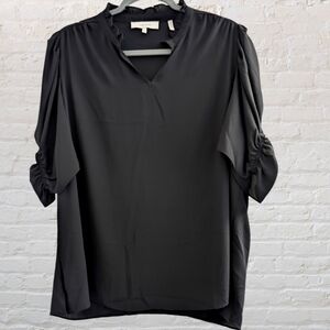 Lark & Ro Women's Georgette Half Sleeve Ruffle Neck Woven Blouse Black Size XL